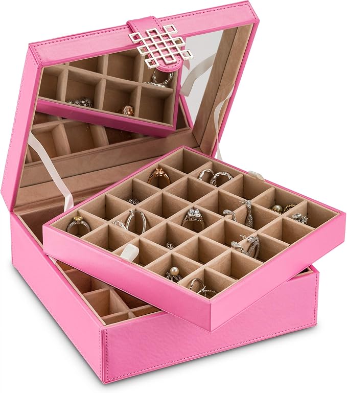 Glenor Co Earring Organizer - Classic 50 Section Jewelry Box/Case/Holder for Earrings, Rings, Necklaces, Jewelry, Cufflinks or Collections -2 Layer Small Compartments with Large Mirror - Pink