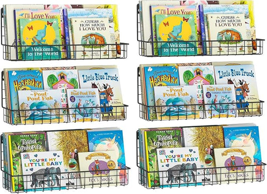 X-cosrack Floating Book Shelves for Wall Kids Bookshelf,Metal Hanging Wall Mounted Shelf for Nursery Toddler, Kids Room, Classroom,Set of 6,Black,2 Sizes