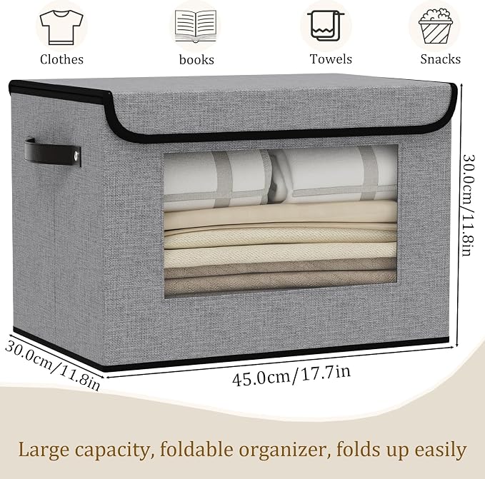 Fabric Storage Bin with Lid,17.7x11.8x11.8In,Gray Box,1Pack | Shelf Baskets with Handles,Storage Boxes with Transparent Window,Closet Container for Bedroom,Clothes Organizer