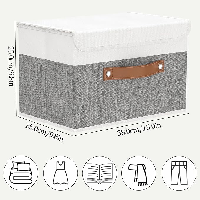 OUTBROS Collapsible Storage Boxes, 15x9.8x9.8 inch (White/Grey, 5-Pack) | Storage Cubes with Lid, Linen Fabric Wardrobe Baskets, Large Box For Towels, Clothes