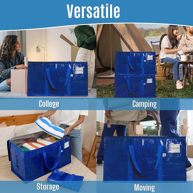 VENO 8 Pack Heavy Duty Moving Bags, 90L Extra Large Moving Boxes Alternative, 50lbs Load,Wraparound Handles,Zippers & Tag,Packing Supplies for College Dorm Essentials, Clothes Storage(Blue)