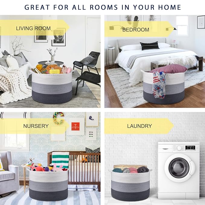 COMSE Extra Large Woven Blanket Laundry Basket, 21.7”x 13.8”, Nursery Hamper, Cotton Rope Laundry Hamper Living Room for Storage Toys Clothes Towels (White & Light Gray & Dark Gray)