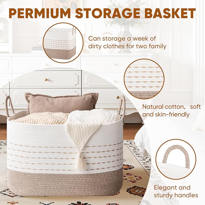 OIASKET XXL Large Blanket Basket for Living Room, 108L Woven Storage Baskets for Organizing, Rectangle Cotton Rope Basket Toy Chest With Handles--Brown & White