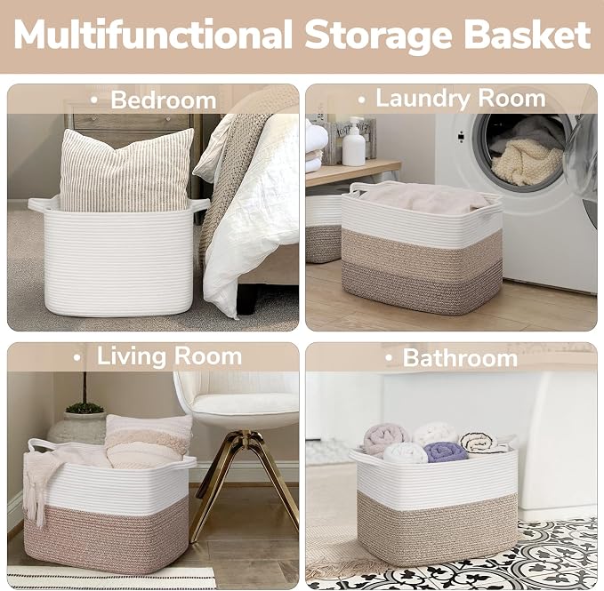 Goodpick Large Woven Basket 18" x 14" x 12" Cotton Rope Storage Baskets for Organizing, Rectangle Blanket Basket for Living Room Bedroom, Toy Baskets Storage Kids, White