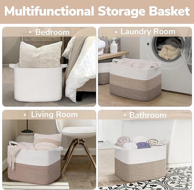 Goodpick Woven Baskets for Organizing, 18" x 14" x 12" Blanket Storage for Living Room Home Decor, Rectangle Toy Storage Basket for Kids, Large Gift Baskets Empty, White & Brown