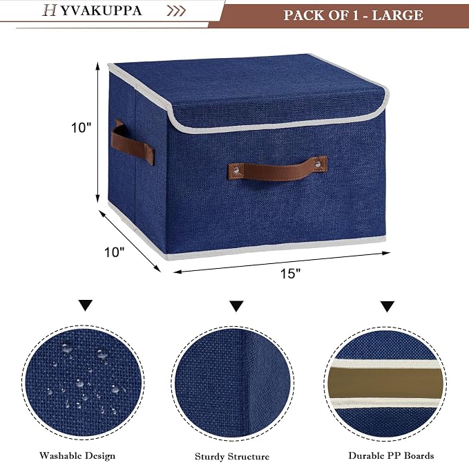 Collapsible Storage Boxes Baskets with Lid Cotton Linen Fabric Storage Bins with Faux Leather Handles Decorative Washable Cube Organizer Container for Home Closet Bedroom (Blue, Large Size)