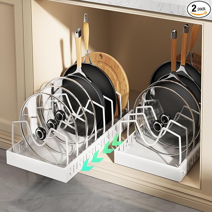 Lozovin Pull Out Pots and Pans Organizer Under Cabinet, Sliding Lid Holder and Pan Rack in Kitchen, Slide Out inside Cabinet Storage for Pot Lid, Bakeware, Dishes, 8 Adjustable Dividers, 2 Pack White