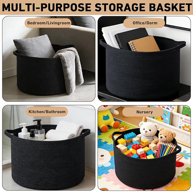 115L Extra Large Blanket Basket,Woven Rope Laundry Basket Hamper with Handles, Decorative Nursery Basket Storage Bin for Toys, Clothes Organizer, Living Room, Bedroom, Bathroom, Black