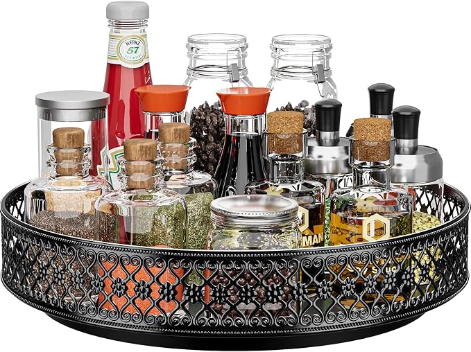 Ovicar Lazy Susan Turntable Organizer - 13 inch Rotating Spice Rack Metal Lazy Susan for Cabinet Pantry Kitchen Countertop Dining Table Cupboard Bathroom Vanity Refrigerator Black