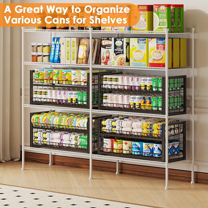 JKsmart 2-Tier Stackable Can Organizer, Extra-Long Can Rack for Pantry Storage, Adjustable Can Dispenser Holds Up to 64 Cans, 12mm Metal Frame, Super Sturdy Holders for Various Canned Food Soda-2 Pack