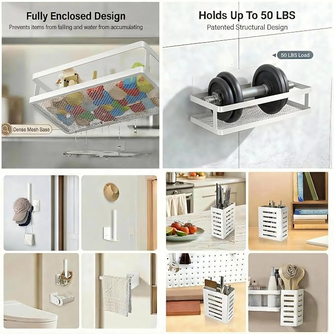 PUSDON 5-in-1 Shower Caddy & Kitchen Organizer Set, Wall Mount Wide Spice Rack with Paper Towel Holder, Utensil Holder, Soap Dish, Rustproof Mesh Baskets Hold 50LBS - White, Guardrail