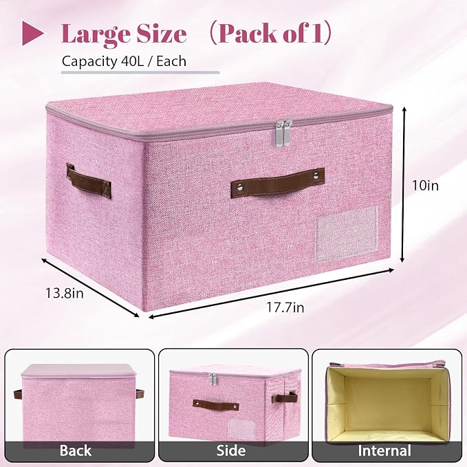 ANMINY Storage Bins with Zipper Lid Storage Boxes with Label Holder PU Leather Handles Washable Foldable Decorative Lidded Cotton Linen Fabric Cubes Baskets Closet Organizer - Pink, Large