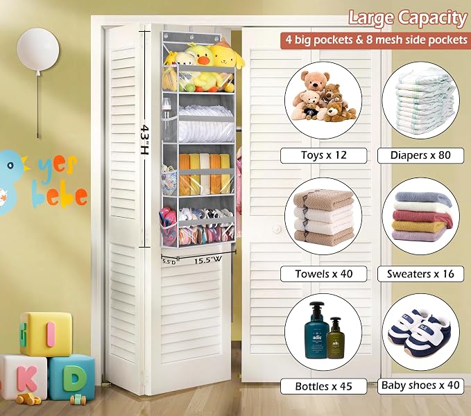 MISSLO Over the Door Storage Organizer with 4 Large Pockets 8 Side Pockets Baby Hanging Closet Door Organizer Heavy Duty Pantry Organizer for Bathroom, Bedroom, Nursery, RV, Camper