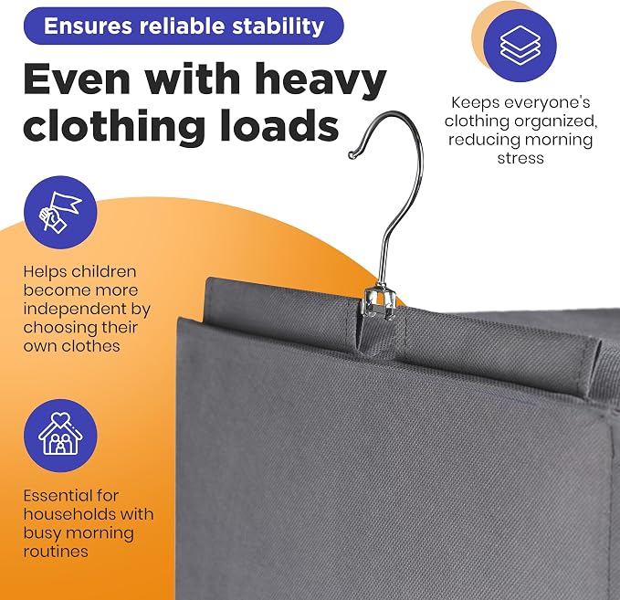 Handy Laundry Hanging Clothes Organizer for Kids - 6-Shelf Closet Daily Clothing Organization Labeled Shelves with Days of The Week Monday Through Friday, Weekday and Weekend (Grey-Colored)