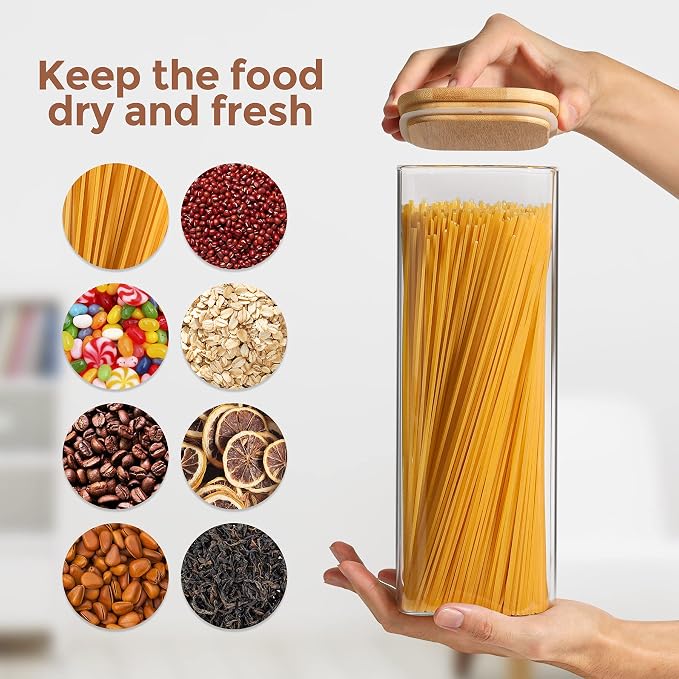 ComSaf Glass Spaghetti Pasta Storage Containers with Lid(71oz), Tall Clear Airtight Food Storage Jar with Bamboo Lid for Noodles Flour Cereal Sugar Beans, Sqaure Spaghetti Pantry Container