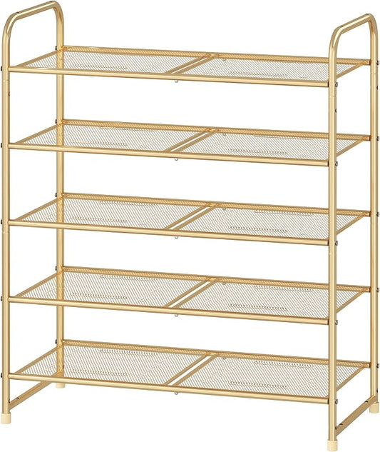 Simple Trending 5-Tier Stackable Shoe Rack, Expandable & Adjustable Shoe Shelf Storage Organizer, Metal Mesh, Gold