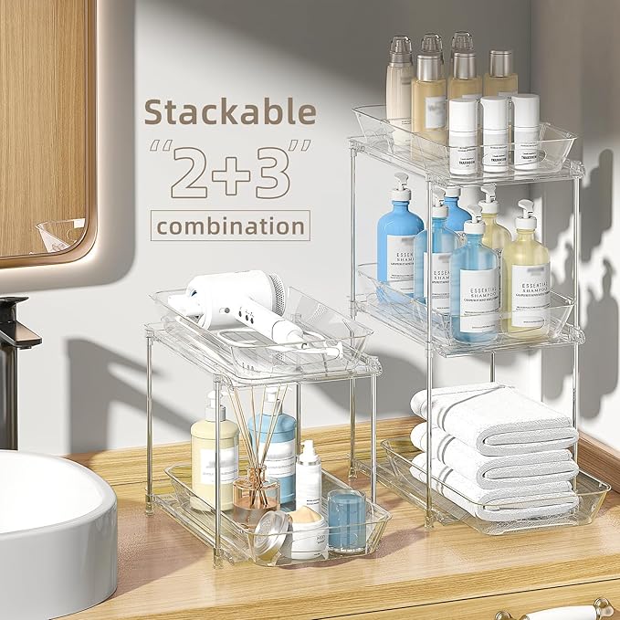 Sevenblue 2-Pack 2-Tier Under Sink Organizer with Pull Out Drawers | Multi-use kitchen & bathroom storage. Includes hanging hooks and cups. transparent, space-saving cabinet design. 12.8 Inch