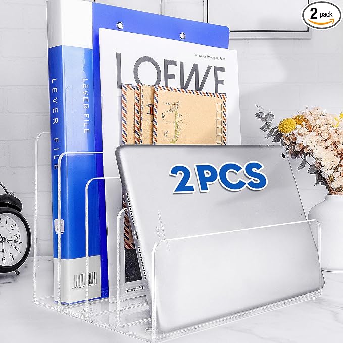 2PCS Clear Acrylic File Organizer for Desk, 4 Section Acrylic Desk Organizer and Accessories, Acrylic File Folder Holder Sorter, Office Supplies for Mail Letter Paper Electronic