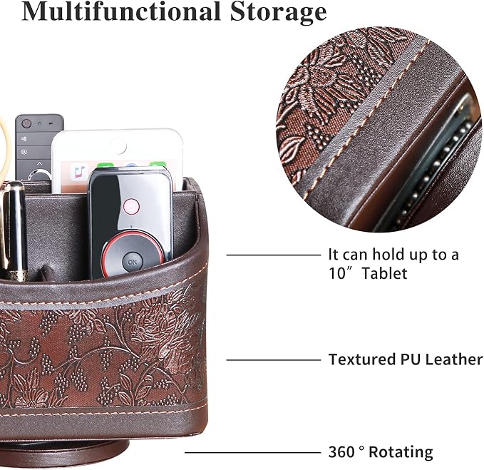 YAPISHI Antique Leather Remote Control Holder, 360 Degree Spinning Desk TV Remote Caddy/Box, Bedside Table Organizer for Controller, Media, Calculator, Mobile Phone and Pen Storage