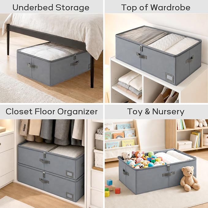 10" High Capacity Under Bed Storage Bins (3-Pack, Grey), Deep 600D Heavy Duty Oxford Fabric Storage Box for King Size Comforters, Pillows & Large Blankets
