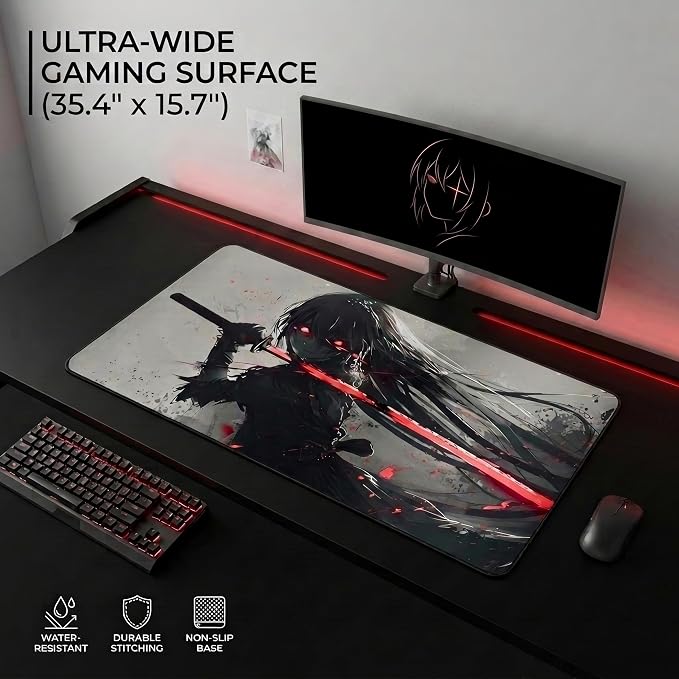 XXL Anime Gaming Mouse Pad 35.4 x 15.7 inch - Water-Resistant & Stitched Edges - Large XL Mousepad for Desk - Gamer Accessories Big Full Deskpad Mat Game Mousepads Deskmat