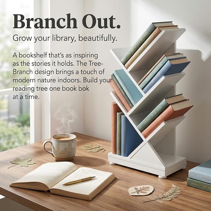 ruboka 5 Tier Tree Bookshelf, Small Bookcase 11.8"*7.4"*24" (White) | Retro Narrow Bookshelves for CDs/Magazines, Book Shelf for Bedroom, Living Room, Office, Balcony, Study Room