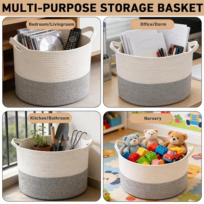 115L Extra Large Woven Cotton Rope Blanket Basket with Handles, Laundry Hamper Storage Bin for Pillows, Comforters,Clothes, Bedroom and Living Room Organization,White&Grey