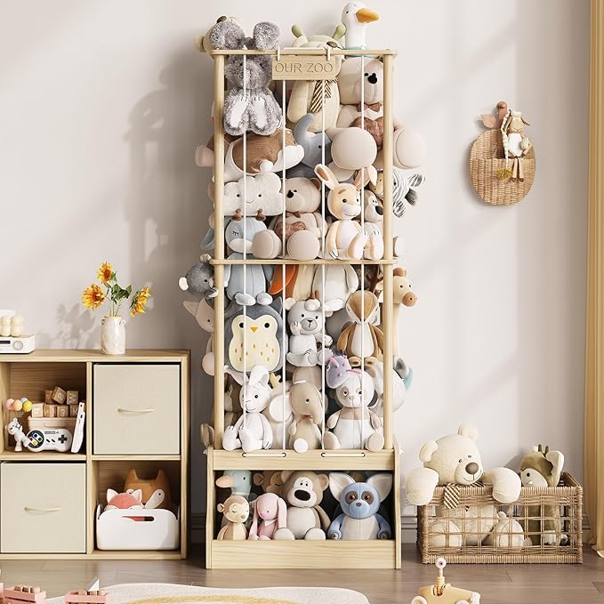 Stuffed Animal Storage Organizer,2-in-1 Solid Pine Wood Stuffed Animal Zoo with Toy Chest, Large Plush Toy Holder with Thick Elastic Bands,Stuffed Animal Holder for Playroom, Nursery, Bedroom