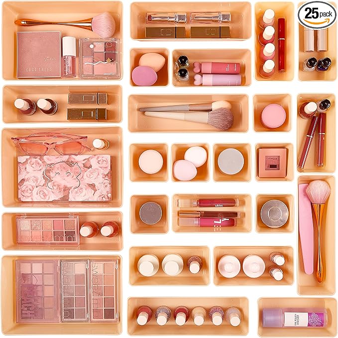 Vtopmart 25 PCS Plastic Drawer Organizers Set, 4-Size Versatile Bathroom and Vanity Drawer Organizer Trays, Storage Bins for Makeup, Bedroom, Kitchen Gadgets Utensils and Office