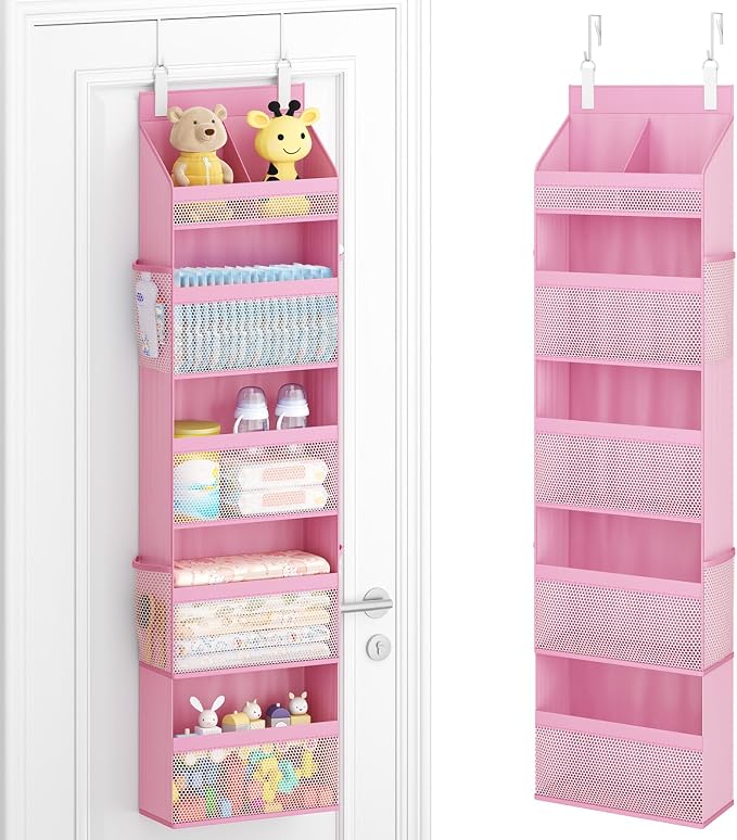 Lifewit Baby Over the Door Hanging Organiser, Hanging Shelves with Transparent Pockets for Stuffed Toys for Children's Room, Baby Items in the Pantry, Bedroom, Wardrobe, (Pink, 5 Tier)
