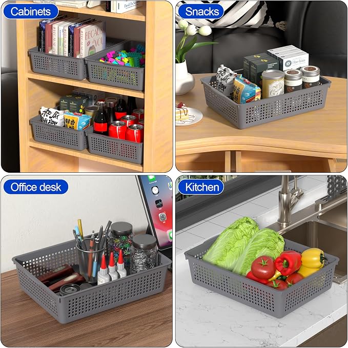 6-Pack A4 Paper Storage Trays, Desktop File Organizer Baskets, Grey | Organizing Desk Tray for A4 Papers, Classroom Storage Plastic Paper Bins, Fun Turn In Trays for Teachers and Students