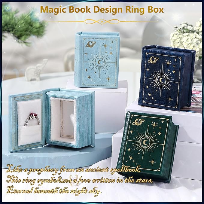 Vintage Magic Book-Shaped Ring Box Starry Sky Pattern PU Leather with Magnetic Closure for Proposal Engagement Gift (Sky Blue)