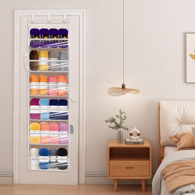 Over Door Organizer with 6 Extra Large Pockets 12 Side Pockets, Sturdy Closet Storage Rack, Hanging Storage Organizer with Clear Window for Shoes, Diaper, Bedroom, Bathroom, Beige, 6-Pack