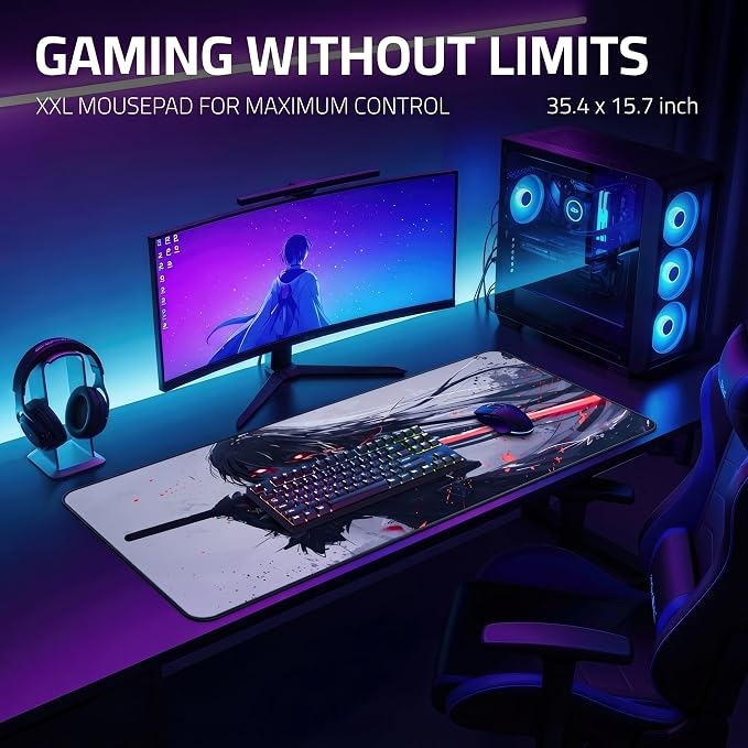 XXL Anime Gaming Mouse Pad 35.4 x 15.7 inch - Water-Resistant & Stitched Edges - Large XL Mousepad for Desk - Gamer Accessories Big Full Deskpad Mat Game Mousepads Deskmat