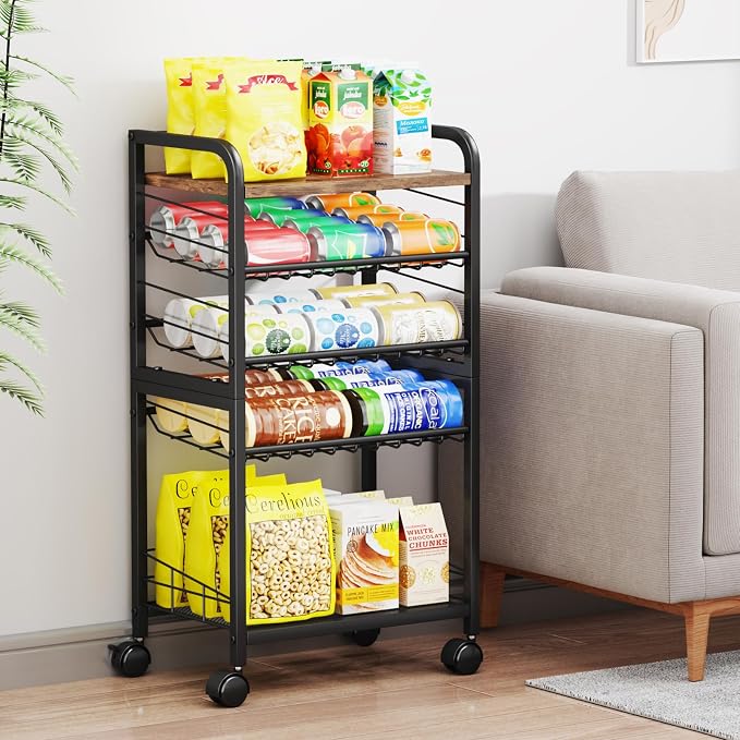 SWTYMIKI Can Organizer for Pantry - Stackable Rolling Snack Cart, Soda Can Organizer, Multi-Functional Shelf with Adjustable Wheels for Kitchen, Office, Living Room, Black