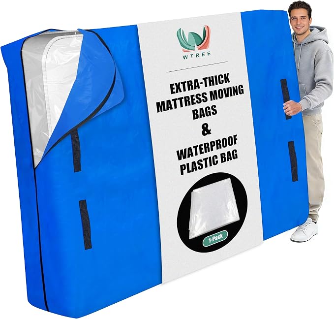 WTREE Double Shield Mattress Bag for Moving and Storage, 8 Reinforced Handles Mattress Cover with Internal Clear Mattress Protector, 170GSM Heavy Duty Tarp Mattress Mover Tool, Twin