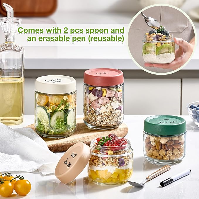 Qipecedm® 8 Pack Overnight Oats Containers with Lids, Large & Small Glass Mason Jars 16oz & 10 oz, Breakfast Oatmeal Container to Go, Salad Meal Prep Jars for Food Storage, Mush Chia Seed Pudding Jars