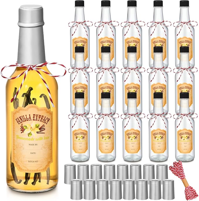 Tioncy 16 Pcs Empty Vanilla Extract Bottles for Homemade Vanilla Jar Glass Bottle with Cap, Shrink Band, Sticker DIY Crafts Wedding Gift Food Storage Canister for Bean(Silver,8.5 oz)
