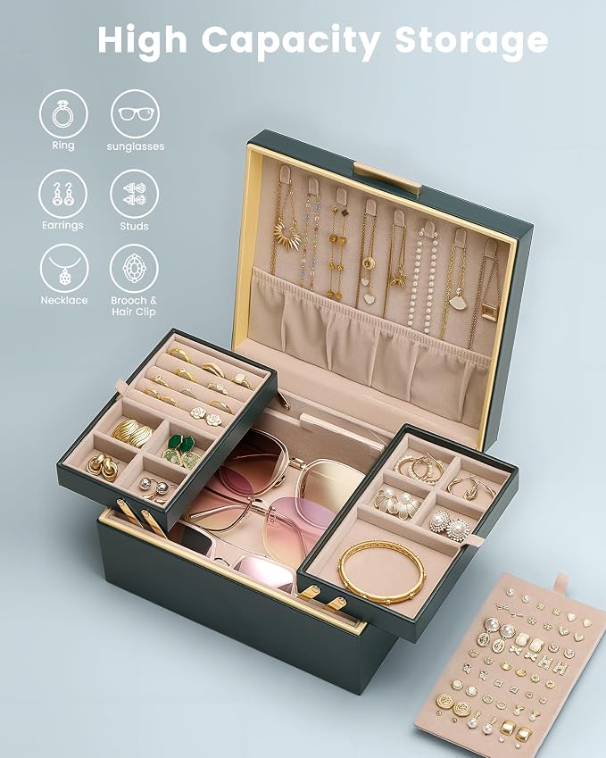 Lolalet Jewelry Box Organizer for Women Girls, 2 Layer Jewelry Organizers and Storage for Necklace Earrings Rings Bracelets, Large Jewellery Holder Case Birthday Gifts -DarkEmerald