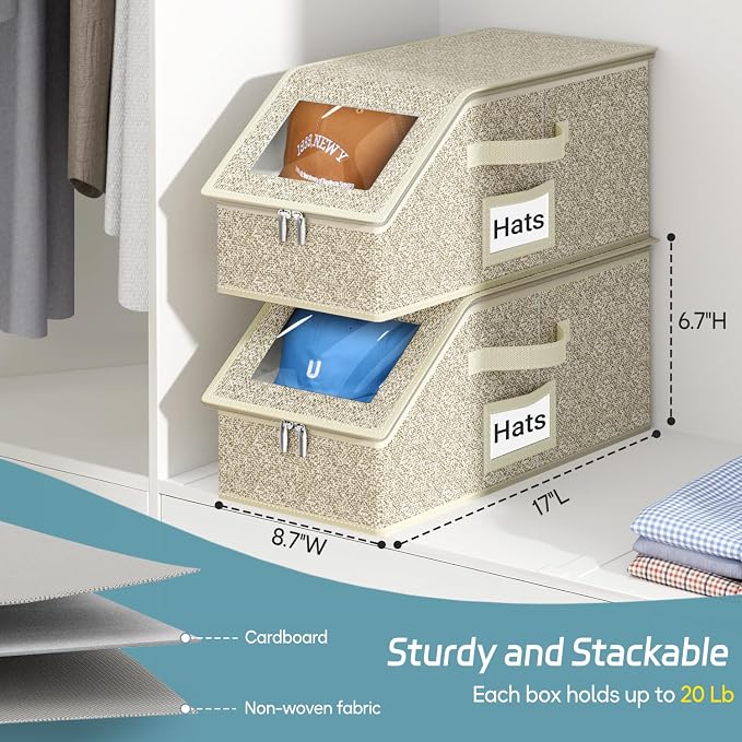 AOODA 2 PCS Stackable Hat Storage for Baseball Caps, Holds up to 24 Caps Hat Organizer for Closet, Sturdy Snapback Boxes for Men with Cardboard, Yellow