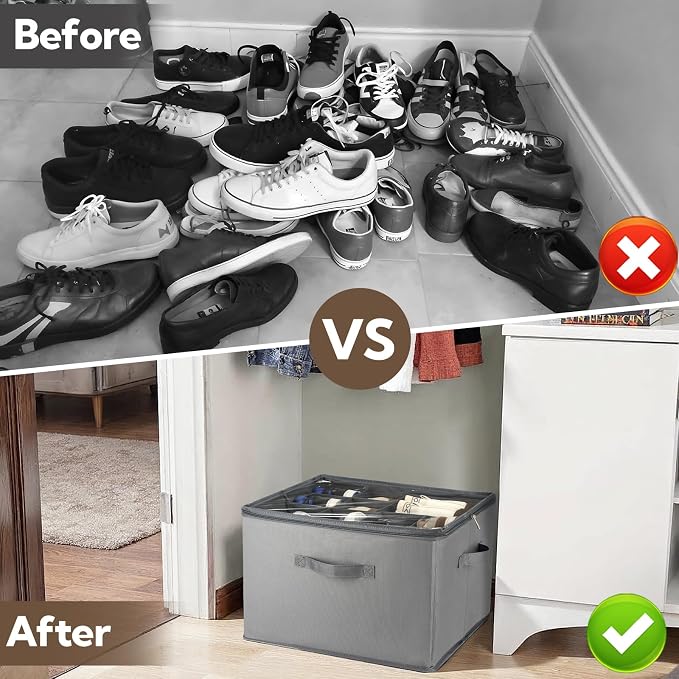 VZZNN Shoe Organizer for Closet, 2 Pack Foldable Shoe Storage Bins with Clear Cover and Adjustable Dividers, Fits up to 16 Pairs, Large Shoe Box Storage Containers with Reinforced Handles (grey)