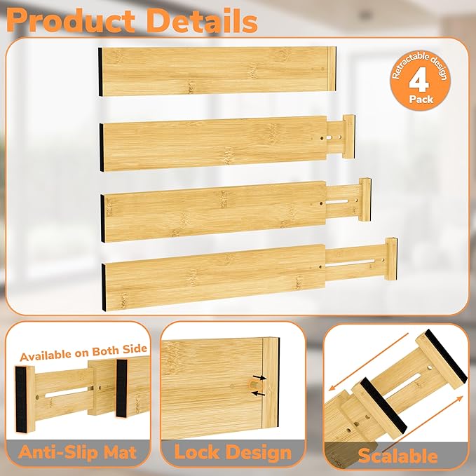 BAMEOS Bamboo Expandable Drawer Dividers – Fits 16.65"–22" Drawers, 3" Deep Walls, Set of 4 | Taller Spring-Loaded Separator Keeps Items Upright in Kitchen & Dresser Drawers