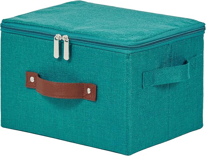 Storage Bins with Zipper Lid Cotton Linen Fabric Lidded Storage Baskets Boxes Foldable Washable Closet Shelf Clothes Organizer Container with PU Leather Handles (Teal Blue, Small)