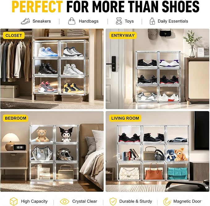 5 Pack Clear High-Top Sneaker Storage Boxes, Acrylic Shoe Organizer | Extra height 10.6'' for high-top sneakers & athletic footwear Size 11.Stackable display design keeps collections organized