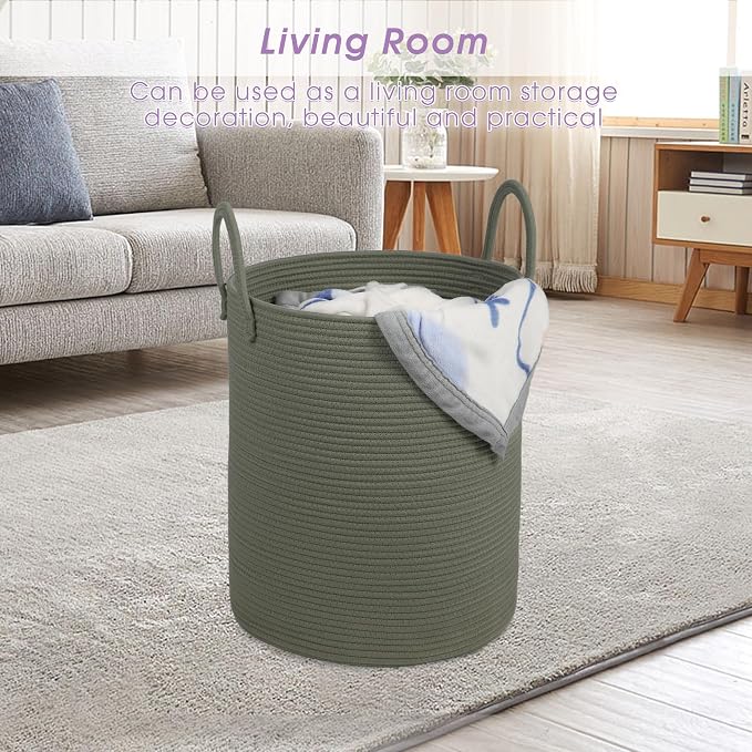 Large Laundry Basket,Laundry Hamper,15''x18'' Cotton Rope Storage Basket with Handles,baby hamper,Nursery Blanket Storage Living Room,toy basket,kids laundry(Green)