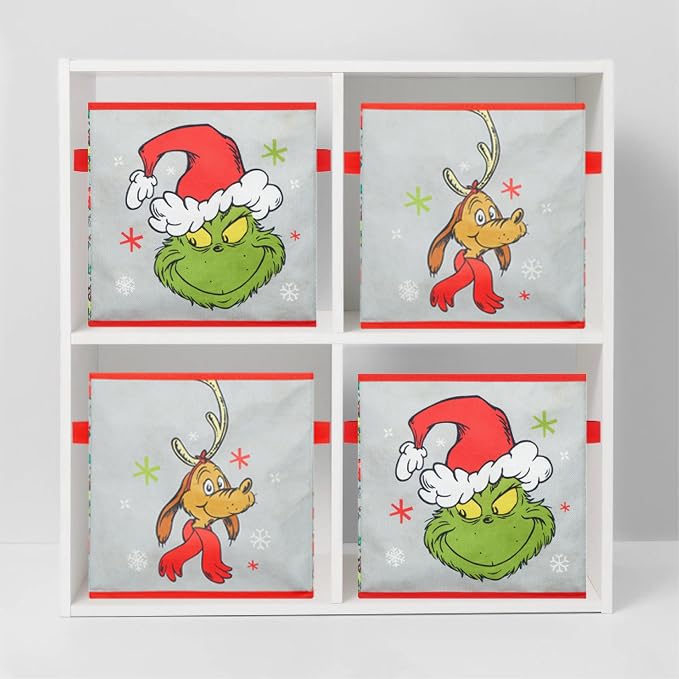 Idea Nuova Storage Cubes for Kids,2 Pack Collapsible Fabric Bins with Handles, Holiday Organizer Boxes for Bedroom, Playroom & Nursery, Festive Christmas Storage Baskets,Grinch Dr. Seuss