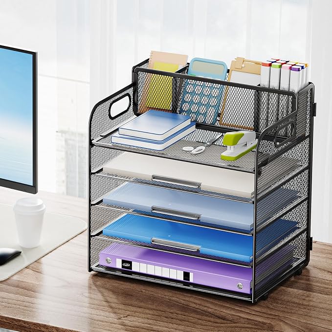 Marbrasse 5 Tier Paper Organizer Letter Tray, Mesh Desk File Organizer with Handle, Paper Sorter Desk Organizer for Home Office Supplies -Black, with 3 Pen Holders