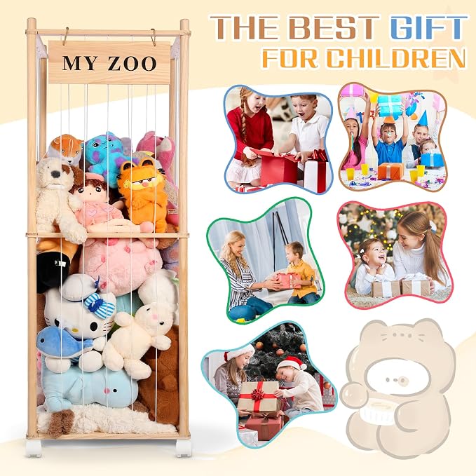 GLDZI Stuffed Animal Storage Zoo with Wheels, Wooden Stuffed Animal Organizer with Elastic Cords, Space Saving Toy Plushies Storage Holder for Playroom, Bedroom, Living Room(Burlywood, Large)