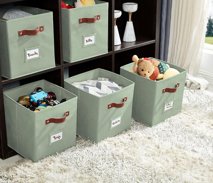 DECOMOMO Storage Bins, Cube Storage Bin with Labels | 10.5" x 11" Fabric Storage Cubes for Shelves (6pcs, Sage Green)