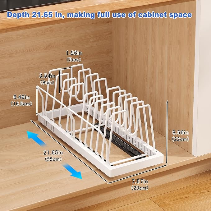 Mustorn 2 Pack Pots and Pans Organizer Under Cabinet, 21.6" Deep Pull Out Pot Lid Organizer Holder with Guardrail Adhesive Pot and Pan Holder Rack with 10 Adjustable Dividers(White)